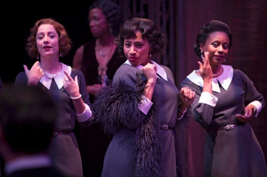 Kaitlyn Riordan, Sabryn Rock and Nehassaiu deGannes as Portia's train in The Merchant of Venice. Photo by David Hou.